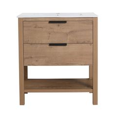 a bathroom vanity with two drawers and a white counter top on an isolated white background