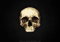 a pixellated skull on a black background with the image of a human head and eyes