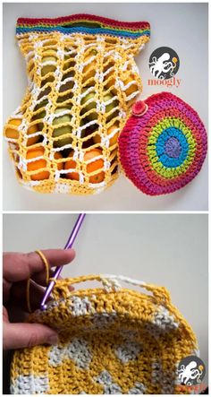 crocheted purse with two pictures showing how to make it