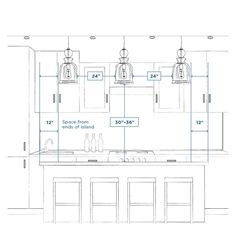 a drawing of a kitchen with an island and three hanging lights above the sink area