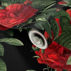 red roses and green leaves on black background wallpaper mural printable for walls, furniture or home decor