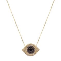 Glittering with dense-packed crystals and shining black gems, the Eye of the Sun Necklace is virtually guaranteed to catch some stares from admiring onlookers... and it'll never fail to return the gaze. Layer up with different weights and lengths of chain to add texture and gravity–for starters, we recommend our Gold Stud Choker and Lariat d'Or Necklace. 14k gold plated sterling silver Embedded clear and onyx crystals 16-18" Adjustable in length Luxury Black Diamond Pendant Necklace, Glamorous Black Jewelry For Gift, Glamorous Black Necklace For Gifting, Glamorous Black Necklace For Gift, Luxury Black Cubic Zirconia Necklaces, Luxury Black Cubic Zirconia Necklace, Elegant Black Necklace With Stones, Black Cubic Zirconia Jewelry With Sparkling Stones, Diamond Chain Necklaces For Evening