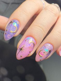 Sailormoon Nail Design, Space Inspired Nails, Pink Galaxy Nails, Pastel Cat Eye Nails, Fun Nail Designs Creative Latest Fashion, Twice Nail Art, Space Theme Nails, Nail Assesories, Cosmic Nail Art