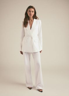 white linen White Tailored Suit Women, Spring V-neck Blazer With Double Button Closure, Chic Notch Lapel Pantsuit With Double Button, Elegant Double-breasted Pantsuit With Notch Lapel, Elegant Notch Lapel Double-breasted Pantsuit, Chic Tailored Tuxedo With Lapel Collar, Chic Single Breasted Tuxedo With Lapel Collar, Chic Single-breasted Tuxedo With Lapel Collar, Elegant Double Breasted Suit For Spring Wedding