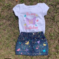 This outfit can be customized to your liking. Anything can be changed ! Please leave childs name and age in the notes at check out Jean Birthday Outfit, Butterfly Birthday Outfit, Mickey Mouse Birthday Outfit, Butterfly Outfit, Denim Jeans Outfit, Custom Denim, Tutu Outfits, Butterfly Birthday, My Son Birthday