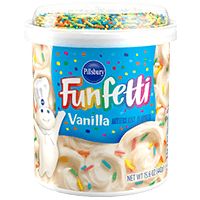 a tub of funfetti vanilla with sprinkles and an easter bunny