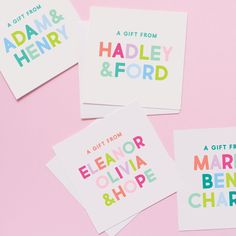 four cards with different types of lettering on them, including one that says happy birthday and the other saying'a gift from harley & ford '