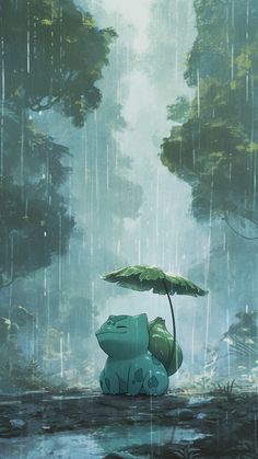 a cartoon character sitting under an umbrella in the rain with trees and water behind him