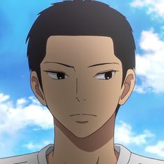 an anime character looking at the camera with blue skies behind him and clouds in the background