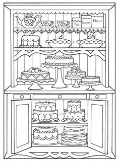 a coloring page with cakes and cupcakes in the cupboard for children to color