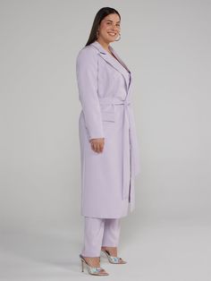 Layer up in style and stay chic 24/7 with this gorgeous belted trench coat. With faux front pockets, long sleeves and a clean silhoutte, this pastel trench coat is a must-have for your wardrobe. Pair it with the matching top and pants to create a modern power suit that will make a statement. | Plus Size Belted Trench Coat in Purple Orchid Size 4 - Fashion to Figure Trench Coat Fashion, Plus Size Belts, Trench Coat Style, Sequin Bodycon Dress, Fashion To Figure, Power Suit, Purple Orchids, Plus Size Coats, Stylish Sweaters