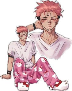 an anime character with pink hair sitting next to another person wearing pajamas and white shirt