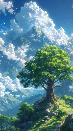 a tree on top of a hill with clouds in the sky