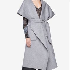 Worn Once Color: Gray Chic Fitted Cape Outerwear, Formal Spring Cape Outerwear, Formal Cape Outerwear For Spring, Fitted Cape Outerwear For Work, Fitted Cape For Workwear, Chic Fitted Outerwear With Shawl Collar, Chic Spring Cape Outerwear, Chic Cape Outerwear For Office, Chic Office Cape Outerwear