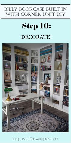 a white desk sitting in front of a book shelf filled with books