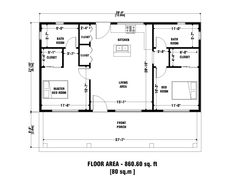 the floor plan for a two bedroom cabin with an attached bathroom and living room area