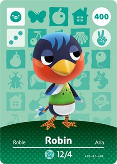 an animal crossing card with robin on it