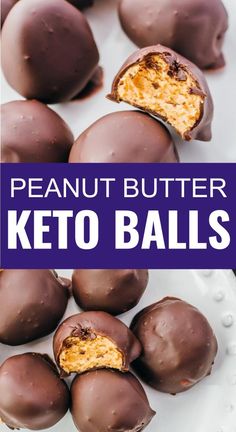 chocolate covered peanut butter truffles on a white plate with the words, keto peanut butter truffles