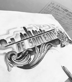 a pencil drawing of a city skyline with the words be awesome on it