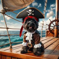 a dog dressed up as a pirate on a boat