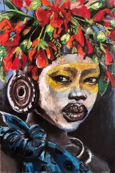 a painting of a woman with flowers on her head and ear rings in her hair