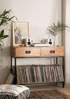 a record player sitting on top of a shelf next to a plant