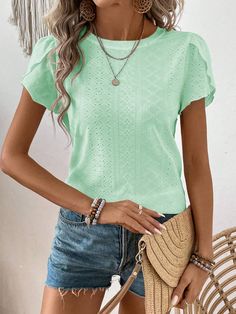 Mint Green Casual Collar Short Sleeve Knitted Fabric Plain  Embellished Slight Stretch  Women Clothing Basic Shorts, Women T Shirts, Kids Sleepwear, Kids Beachwear, All Fashion, Mint Green, Women Clothing, Women Clothes Sale, Womens Tees