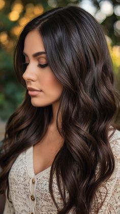 Balayage Long Hair Black, Dark Brunette Hair With Subtle Dimension, Fall Dark Brown Hair Color, Dark Hair Fall Ideas, Dark Brunette Fall Hair, Fall Dark Brunette Hair Color, Multi Tone Hair Color Dark Brown, 2024 Dark Hair Color Trends For Women, Fall Dark Hair Ideas