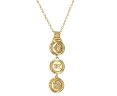 With its subtle yet symbolic design, this Almasika necklace is a modern take on the time-honored talisman. The 18K yellow gold triple pendant is made up of three individual medallions. The top one symbolizes the celebration of life, the middle shows a protective ray of sunshine and the bottom represents patience and care. It hangs from a wide, textured bale at the center of the 18K yellow gold chain. total length : 18" : 18K yellow gold18K yellow gold pendant : 1 3/4" x just under 1/2"diamonds : Symbolic Gold Plated Medallion Pendant Necklace, Symbolic Yellow Gold Plated Medallion Necklace, Yellow Gold Coin Necklace With Charms Pendant, Yellow Gold Coin Necklace With Charms, Yellow Gold Amulet Medallion Pendant Necklace, Symbolic Yellow Gold Coin Necklace, Symbolic Yellow Gold Coin Pendant Necklace, Medallion Necklace With Detachable Pendant, Yellow Gold Medallion Locket Necklace In Amulet Style