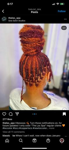 Dreadlock Hairstyles Long Hair, Fun Loc Colors, Loc Colored Tips, Lock Color Hair, Burgundy And Burnt Orange Locs, Dreads With Color Black Women, Dread Locs Color Ideas Black Women, Red And Orange Locs Black Women, Ombre Ginger Dreads Black Women