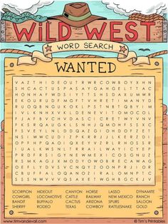 the wild west word search is shown in this cartoon style poster, which features an image of