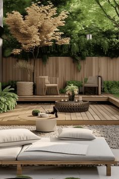 a wooden deck surrounded by plants and trees