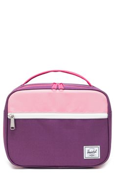 a purple and pink lunch bag with white trims on the front, side view