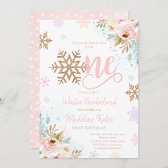 a pink and gold snowflake birthday party card with the number one on it