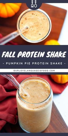 pumpkin pie protein shake in a glass jar with a spoon and oranges behind it