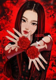 a painting of a woman with long hair and red flowers on her hands, in front of a red background