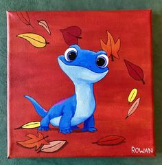 an acrylic painting of a blue dinosaur surrounded by autumn leaves on a red background