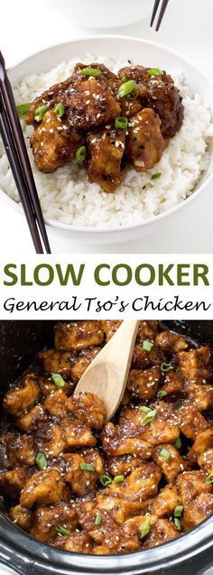 slow cooker general tsof's chicken recipe with rice and chopsticks