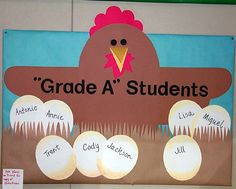 a bulletin board with an image of a turkey and eggs in front of the words grade a students