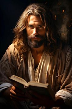 a man with long hair is reading a book