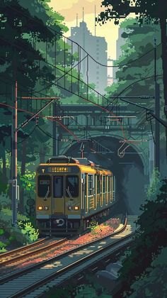 a yellow train traveling through a forest filled with tall buildings on top of it's sides