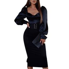 Style: Chic,Glamorous Type: Straight Materia: Velvet Neckline: Sweetheart Neck Sleeve Style: Lantern Sleeve,Long Sleeve Length: Mid-Calf Pattern Type: Plain Decoration: Eyelet,Lace-Up,Lantern Sleeve Fit Type: Regular Occasion: Evening, Party Size: Medium Measurements Inch: Bust: 34.6 Hip: 35.4 Top Length: 38.2 Top Waist: 28.3 Sleeves Length: 18.7 Condition: Brand New Elegant Black Midi Dress With Puff Sleeves, Elegant Lantern Sleeve Dress For Date Night, Elegant Midi Dress With Lantern Sleeves For Night Out, Elegant Lantern Sleeve Midi Dress For Night Out, Fitted Lantern Sleeve Evening Midi Dress, Elegant Midi Dress With Lantern Sleeves For Cocktail, Elegant Cocktail Midi Dress With Lantern Sleeves, Elegant Lantern Sleeve Midi Dress For Cocktail, Elegant Lantern Sleeve Cocktail Midi Dress