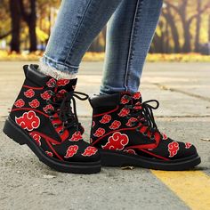 Akatsuki Naruto Boots Shoes Amazing Anime Fan Gift MN19-Gear Wanta Bandana Shoes, Harley Boots, Custom Boots, Handmade Boot, Boot Shoes, Shoes Custom, Red Bandana, Boot Print, Leather Boots Women