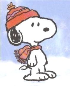 a drawing of a charlie brown wearing a hat and scarf with snow on the ground