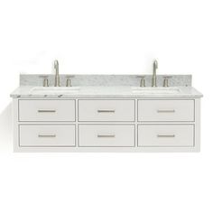 a double sink vanity with marble top and two faucets on each side, in white