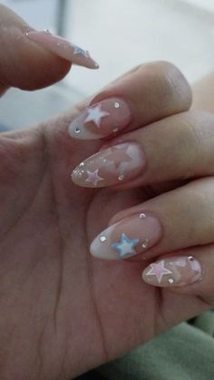 Glitter Stars Nails, Pink And Blue Star Nails, Pastel Star Nails, 3d Star Nails, Nail Designs Stars, Acrylic Nails Stars, Acrylic Star Nails, Txt Nails Designs, Nails Acrylic White Glitter