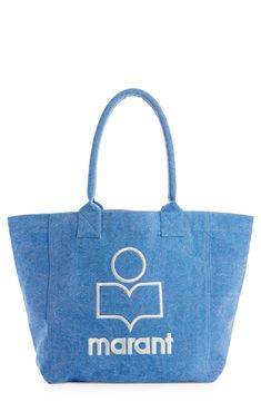 A statement-scale logo details this signature tote made from washed cotton canvas with rolled top handles that are lightly padded for comfort. Open top Top carry handles 100% cotton Dry clean Imported Designer Handbags Logo Azul, Blue Tote Bag, Embroidered Canvas, Blue Tote, Denim Tote, Cotton Logo