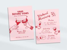 two pink flyers with hand drawn wine glasses and the words vino before vows written on them