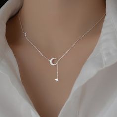 Dainty Necklace. Sterling Silver Moon And Star Moon Silver Necklace, Silver Moon Jewelry, Eclipse Aesthetic, Dragon Goddess, Moon Minimalist, Heart Stone Necklace, Minimalist Jewelry Silver, Silver Star Necklace, Moon Accessories