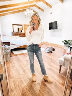 This outfit is so cozy and adorable for fall! Fashionablylatemom Uggs Social threads straight legged jeans Fall fashion Basic outfit #LTKstyletip #LTKshoecrush Straight Leg Jeans With Uggs, Jeans With Uggs, Straight Legged Jeans, Casual Outfits For Moms, Ugg Mini, Fall Jeans, Basic Outfits, Mom Outfits